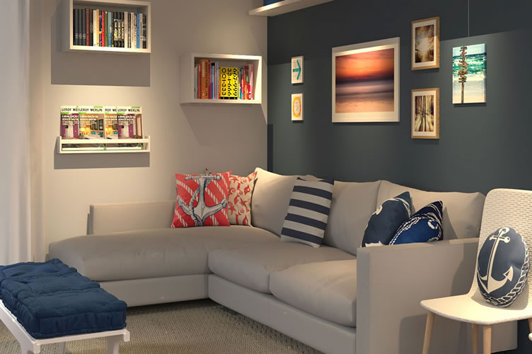 Uma sala de estar super estilosa com uma parede atrás do sofá em cor diferente e todas as cores combinando.