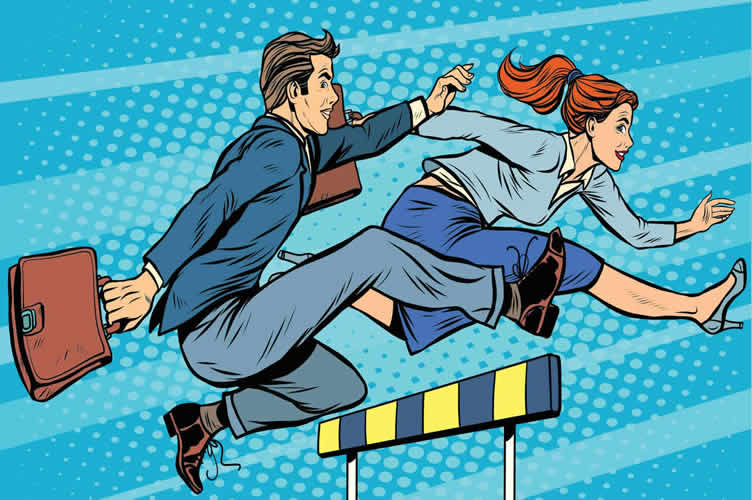 Imagem em animação. Mostra um homem e uma mulher, ambos executivos em uma corrida de obstáculos.