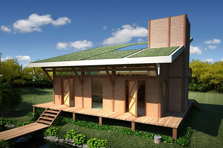 Imagem de uma casa casa ecologicamente correta. No meio do verde, com telhado solar e verde e madeira de reflorestamento.
